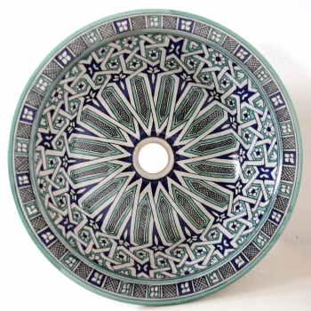 Orientalisches Waschbecken handbemalt aus Keramik FES-V-III Blau/Grün D40cm